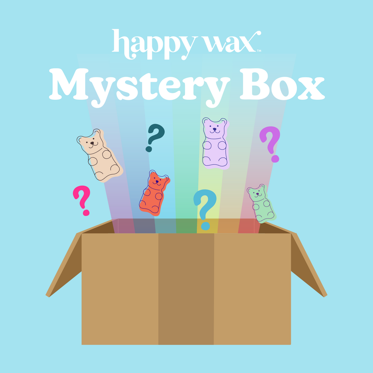 Happy Wax Mystery Box with colorful gummy bear-shaped wax products and question marks emerging from cardboard box.