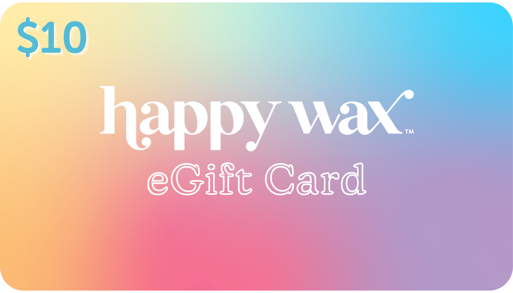 $10 Happy Wax eGift Card with gradient background transitioning from yellow to blue to pink.