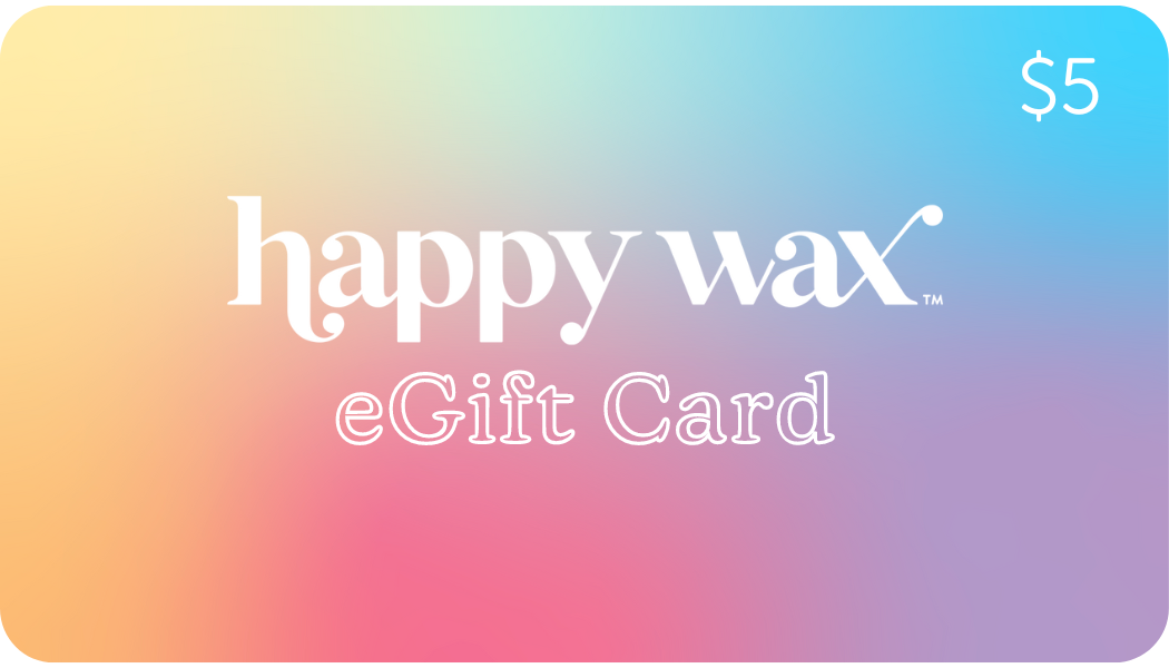 Happy Wax eGift Card with $5 denomination on gradient background transitioning from yellow to blue to pink.