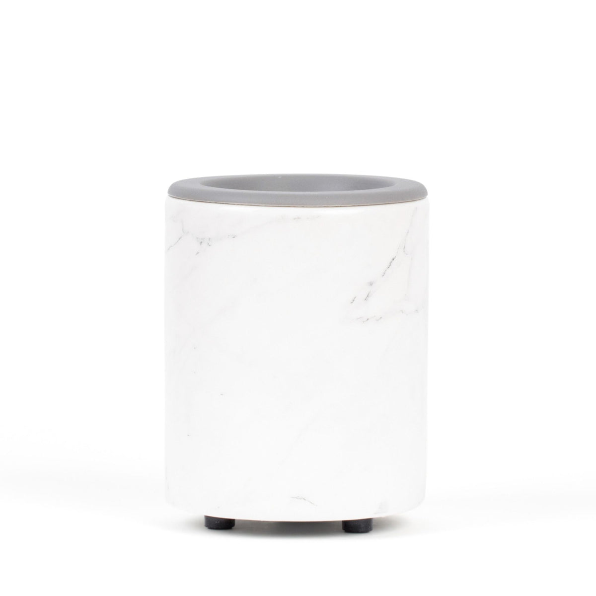 Cylindrical wax warmer with white marble-textured body, gray rim top, and black feet.