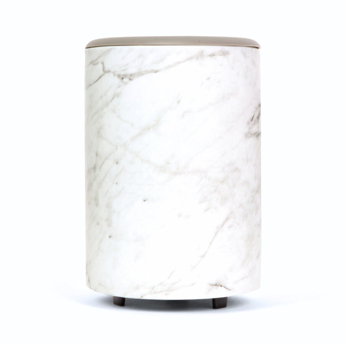 White marble-patterned cylindrical wax warmer with gray top and black feet.