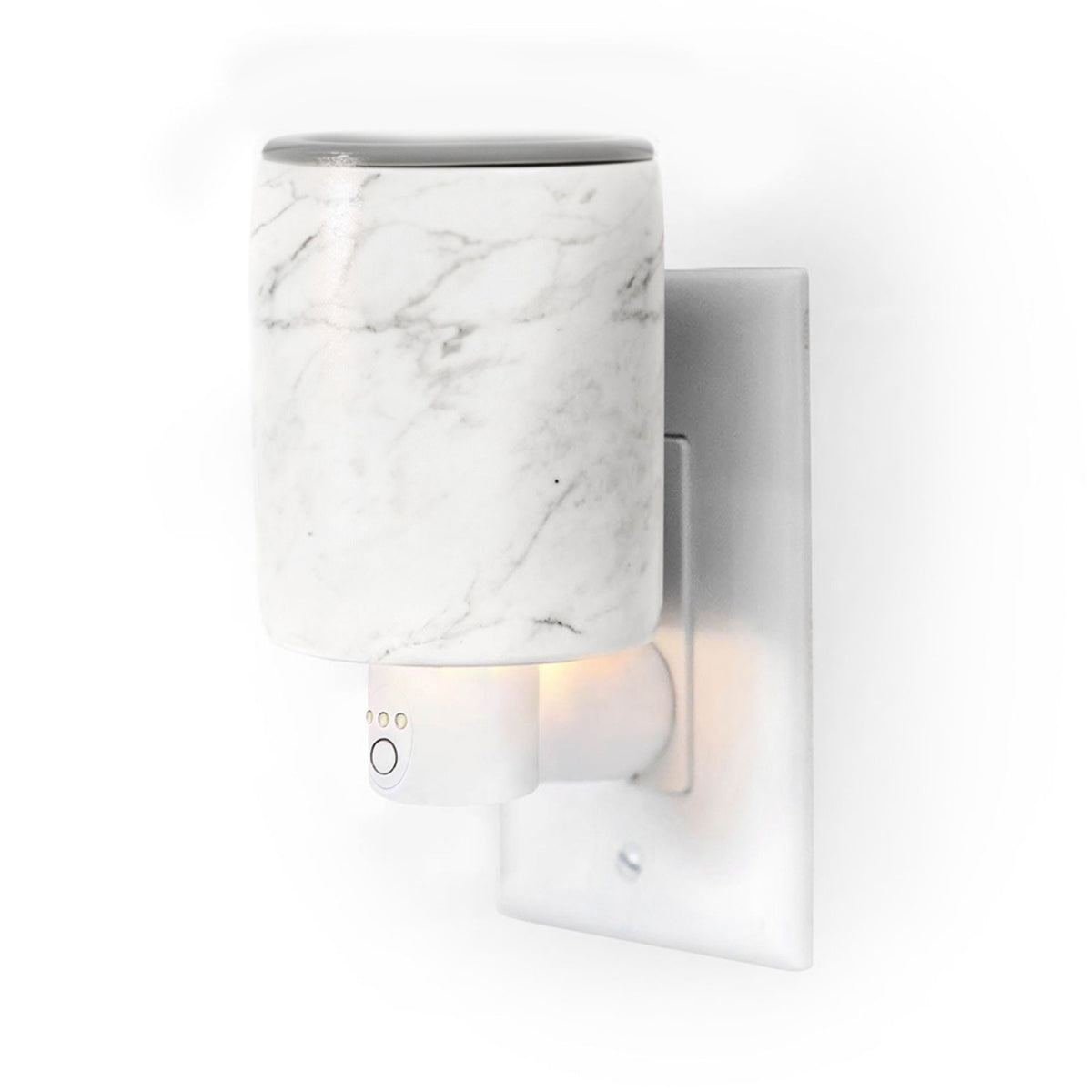 White marble-textured wax warmer with heating element, outlet plug, and control button mounted on wall plate.